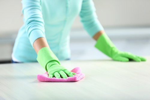 Eco-friendly commercial cleaning tools and products in a workplace