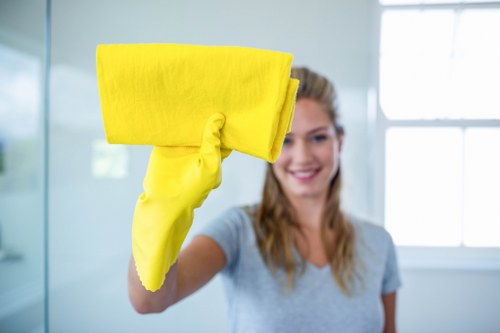 Commercial office cleaning staff sanitizing high-touch areas